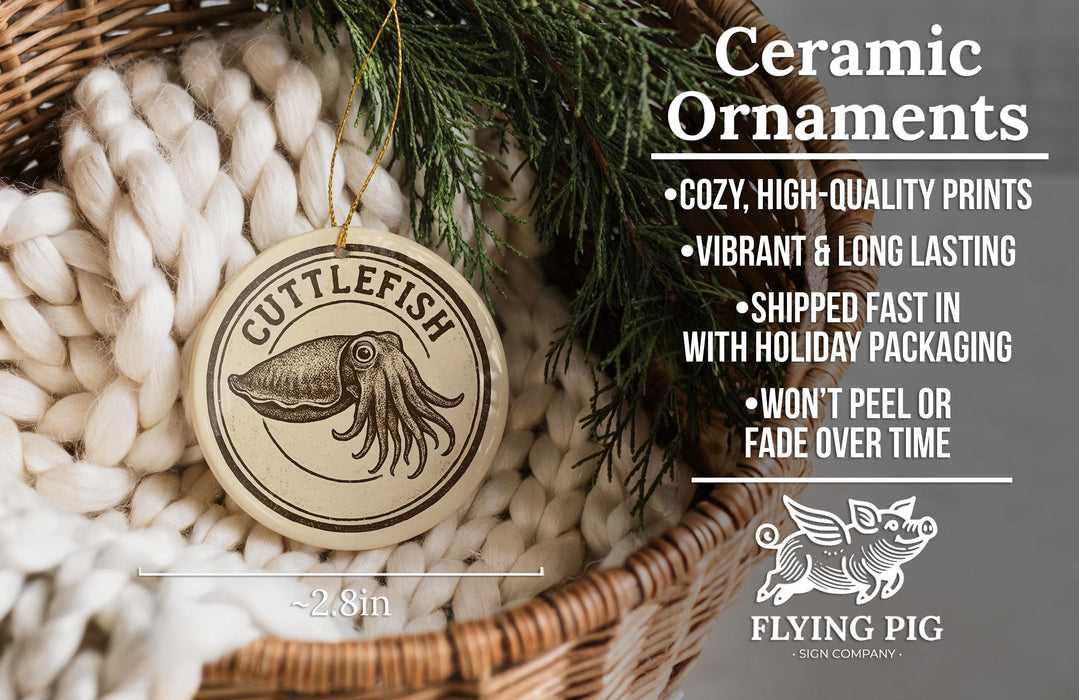 Ceramic ornaments, featuring a cuttlefish design, are displayed in a woven basket.
