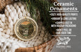 Ceramic ornaments, featuring a ceramic ornament with a waterfall and national park seal, are displayed in a woven basket.