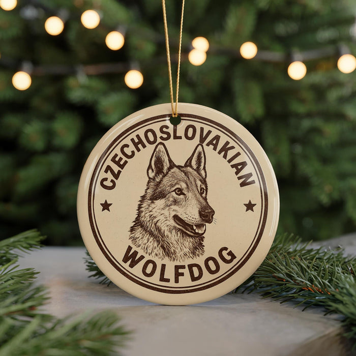 A circular ornament featuring a wolf dog's head, with the text "CZECHOSLOVAKIAN WOLFDOG" printed on it.
