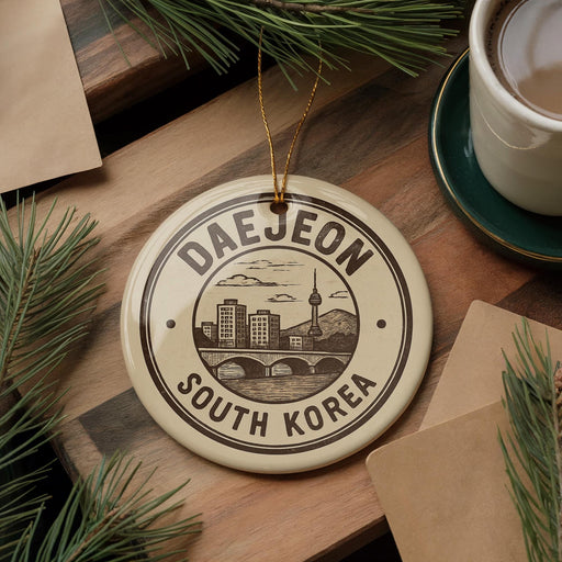 A decorative ornament with the text "DAEJEON SOUTH KOREA" on it, surrounded by pine branches and a cup of coffee on a wooden surface.
