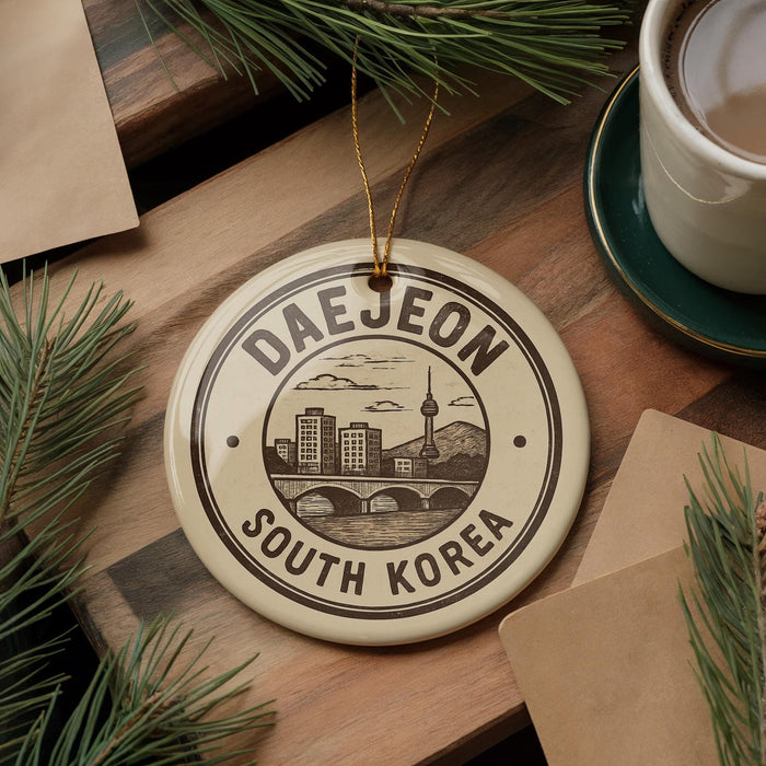 A decorative ornament with the text "DAEJEON SOUTH KOREA" on it, surrounded by pine branches and a cup of coffee on a wooden surface.