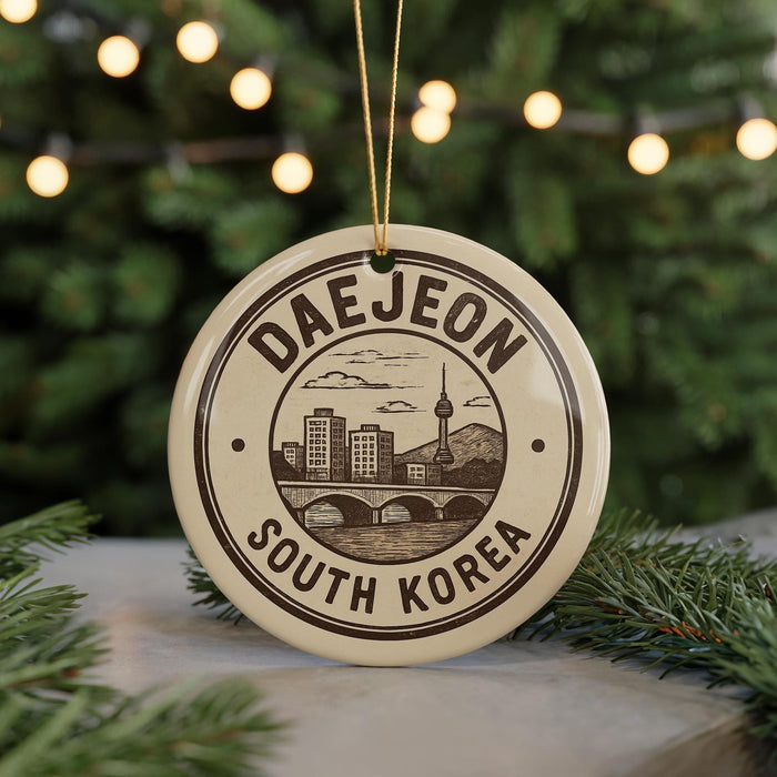 A circular ornament with the text "DAEJEON SOUTH KOREA" and an illustration of a cityscape, hanging from a string.