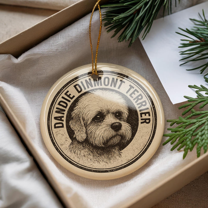 A decorative ornament featuring a dandie dinmont terrier dog, with the text "DANDIE DINMONT TERRIER" printed on it.
