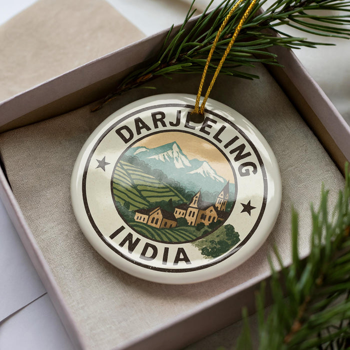 A decorative ornament with the text "DARJELLING INDIA" and a landscape image, placed in a box with pine branches.