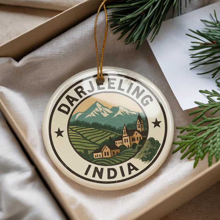 A decorative ornament with the text "DARJELLING INDIA" and a landscape scene featuring mountains, houses, and trees.