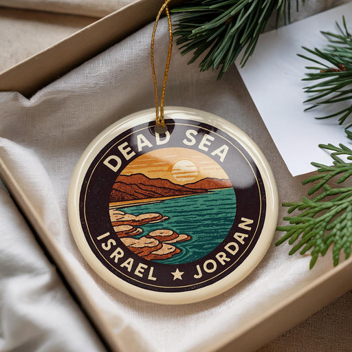 A circular ornament with a design depicting a beach and mountains, surrounded by the text "DEAD SEA ISRAEL JORDAN".