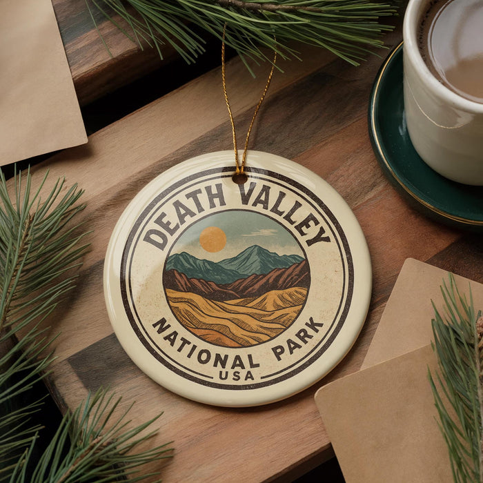 a circular ornament with the text "DEATH VALLEY NATIONAL PARK USA" on it, surrounded by pine branches and a cup of coffee.
