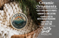 Ceramic ornaments, featuring a design of a mountain landscape with pine trees, are displayed in a woven basket.