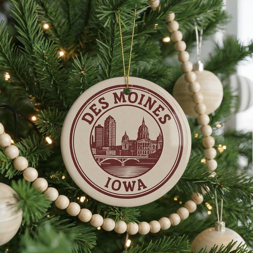 A Christmas tree decorated with ornaments, including a circular ornament with the text "DES MOINES IOWA" and a cityscape design.