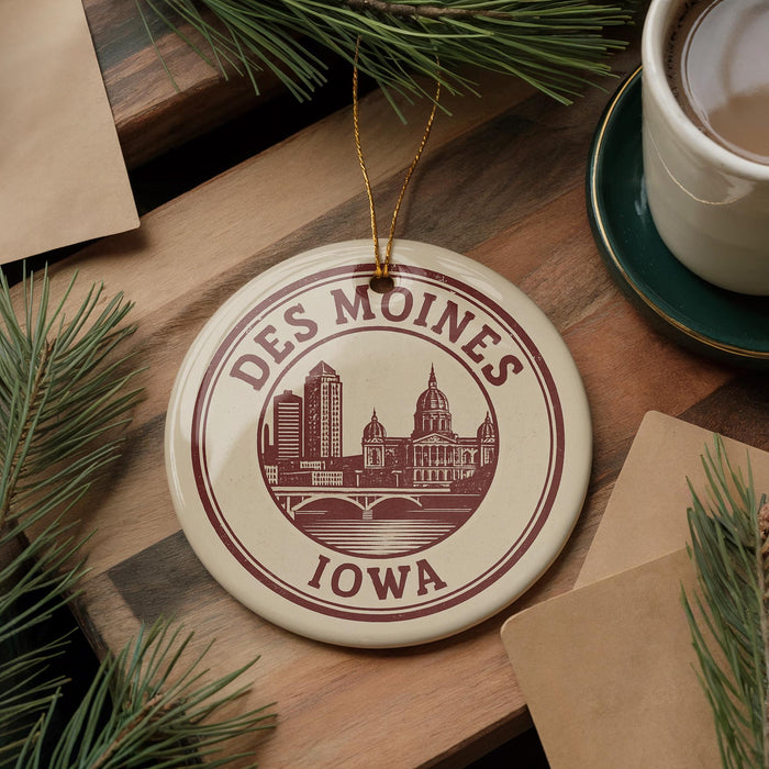 A decorative ornament featuring the skyline of Des Moines, Iowa, with a cup of coffee and pine branches in the background.