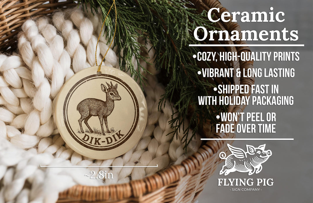 Ceramic ornaments, featuring a deer and the text "DIK-DIK", are displayed in a wicker basket.