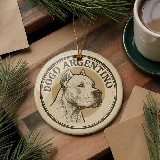 A circular ornament featuring a dog's head and the text "DOGO ARGENTINO" is displayed on a wooden surface, surrounded by pine branches and a cup of coffee.