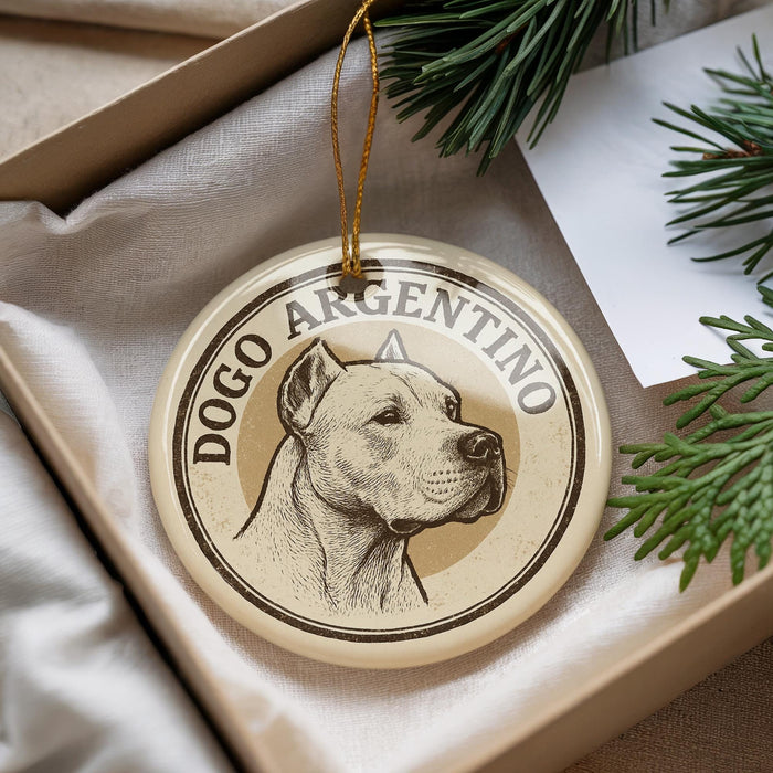 A circular ornament with a dog's head and the text "DOGO ARGENTINO" printed on it, hanging from a string.