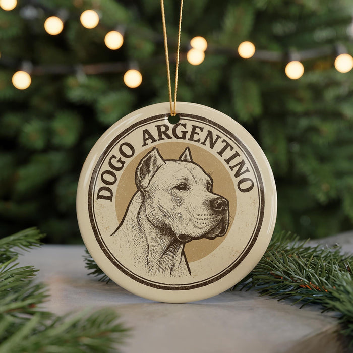 A circular ornament featuring a dog's head and the text "DOGO ARGENTINO" is displayed in front of a blurred Christmas tree.