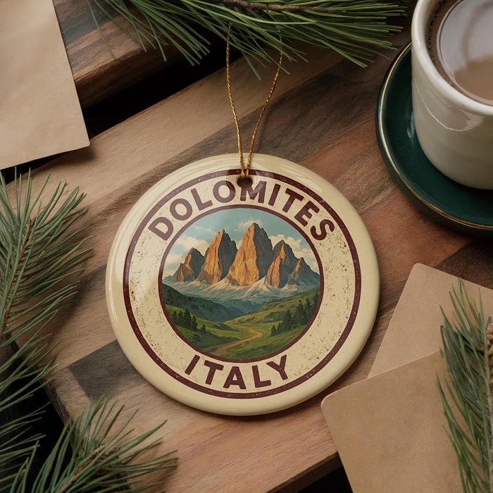 A decorative ornament with the text "DOLOMITES ITALY" and a mountain landscape design, placed on a wooden surface next to a cup of coffee and pine branches.