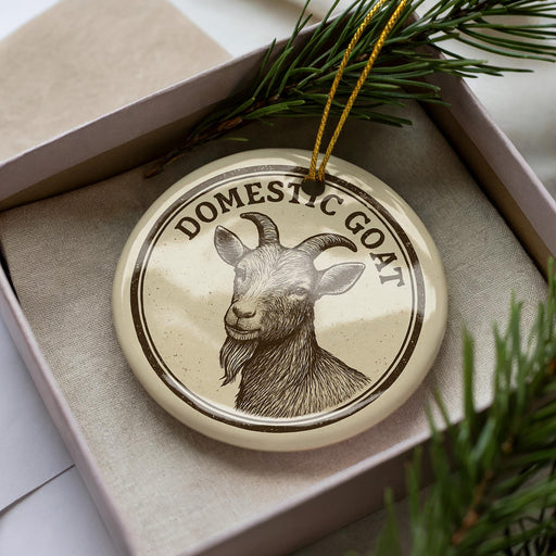 A decorative ornament in a box, featuring a close-up image of a goat's head.