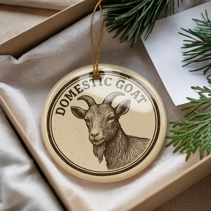 A decorative ornament featuring a goat's head with horns, placed in a box with pine branches.