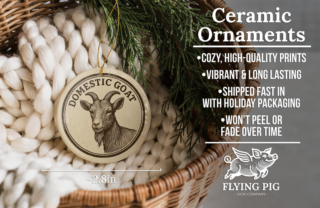 Ceramic ornaments, including a ceramic goat ornament, are displayed in a woven basket.