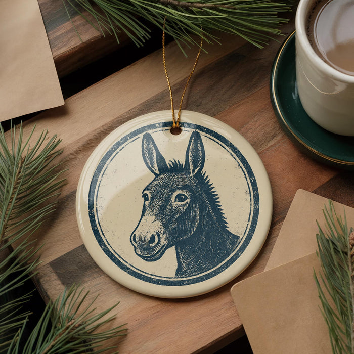 a ceramic ornament with a donkey's head design, placed on a wooden surface alongside a cup of coffee and some pine branches.