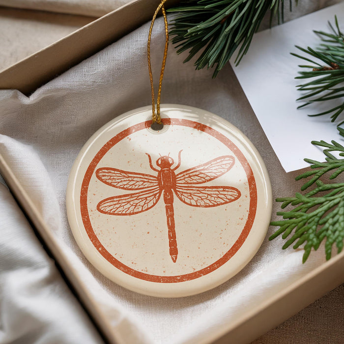 A ceramic ornament in the shape of a dragonfly is displayed in a box, surrounded by pine branches and a white card.