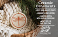Ceramic ornaments, featuring a dragonfly design, are displayed in a woven basket.