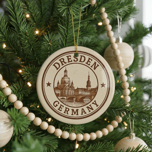 A circular ornament on a Christmas tree, featuring the image of Dresden, Germany, with the text "Dresden Germany" prominently displayed.