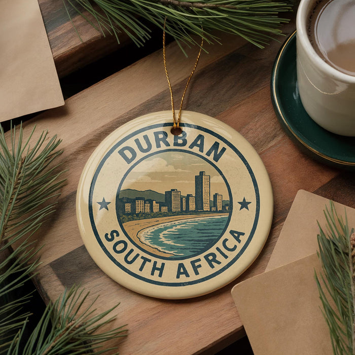 A decorative ornament with the text "DURBAN SOUTH AFRICA" and a cityscape image, placed on a wooden surface alongside a cup of coffee and some pine branches.