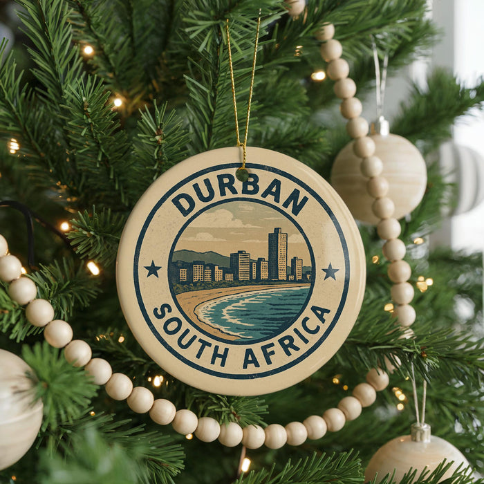A Christmas tree decorated with ornaments, including a circular ornament with the text "DURBAN SOUTH AFRICA" and a beach scene.