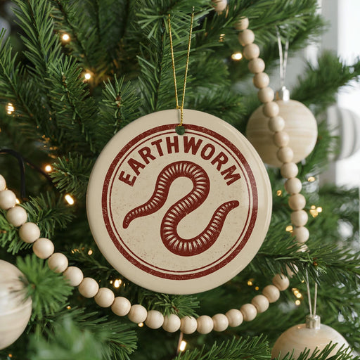 A Christmas tree decorated with ornaments, including a circular ornament with the text "Earthworm" and a wooden bead decoration.