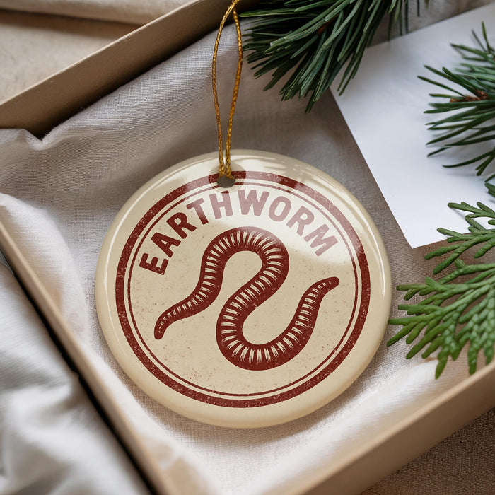 Earthworm Ceramic Ornament – Circular Stamp Style Nature Decor, Unique Worm Lover Gift, Handcrafted Earth Creature Art