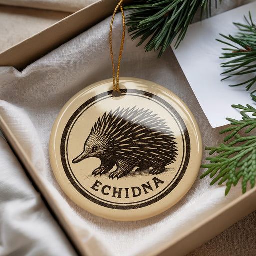 A round ornament with a black and white illustration of an echidna, a type of insect, and the word "ECHIDNA" written on it, is displayed in a box with pine branches.
