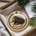 A round ornament with a black and white illustration of an echidna, a type of insect, and the word "ECHIDNA" written on it, is displayed in a box with pine branches.