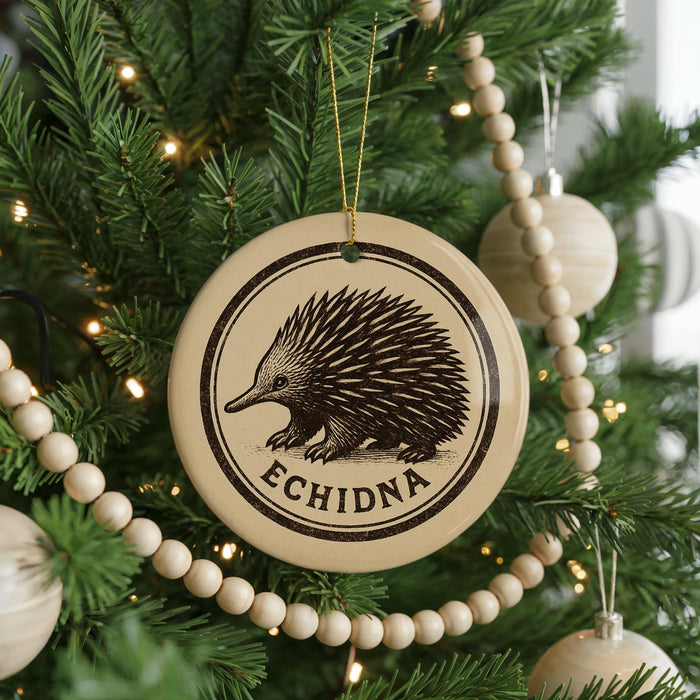 A Christmas tree decorated with ornaments, including a circular ornament with an image of an echidna and the word "ECHIDNA" written on it.