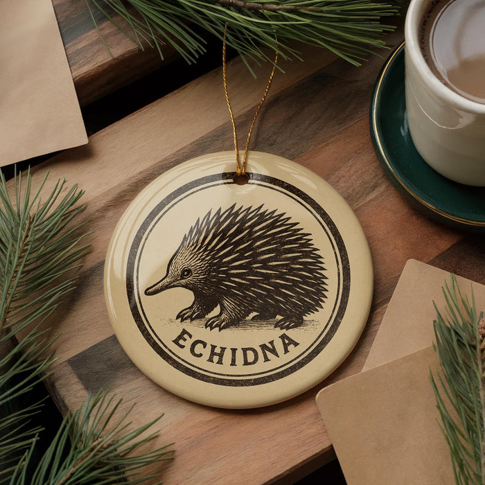 a circular ornament with a depiction of an echidna, a type of insect, and the word "ECHIDNA" written on it. The ornament is placed on a wooden surface, surrounded by pine branches and a cup of coffee.