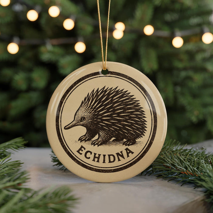 A round ornament with a black and white illustration of an echidna, and the word "ECHIDNA" written below it, is hanging from a string.
