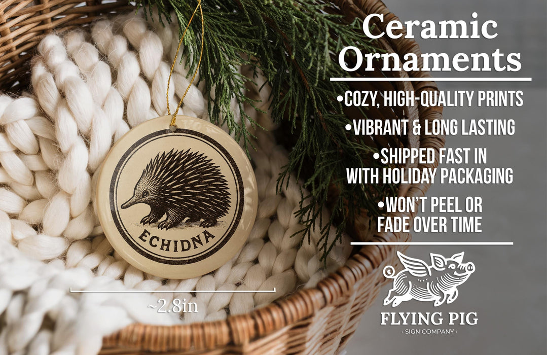 Ceramic ornaments, including a ceramic Echidna ornament, are displayed in a woven basket.
