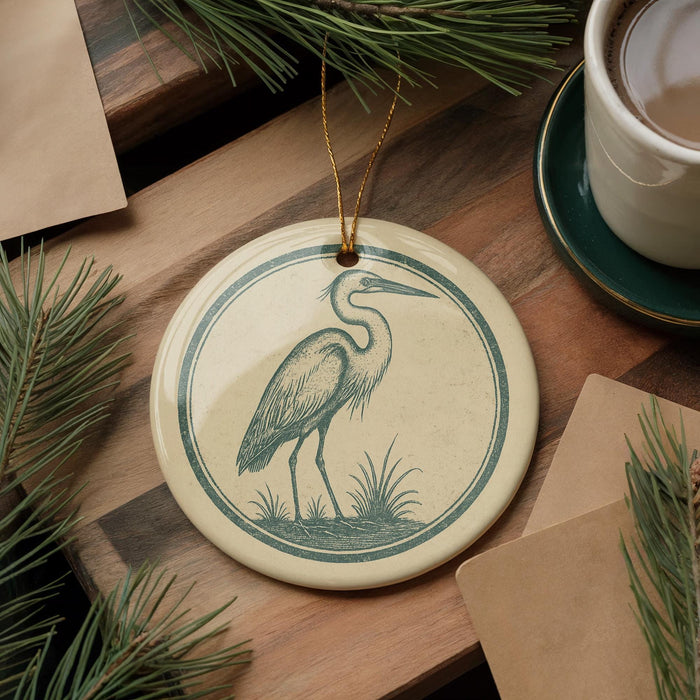 a round ornament with a bird illustration, placed on a wooden surface next to a cup of coffee and some pine branches.