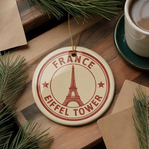 A circular ornament with the Eiffel Tower design, surrounded by pine branches and a cup of coffee on a wooden surface.
