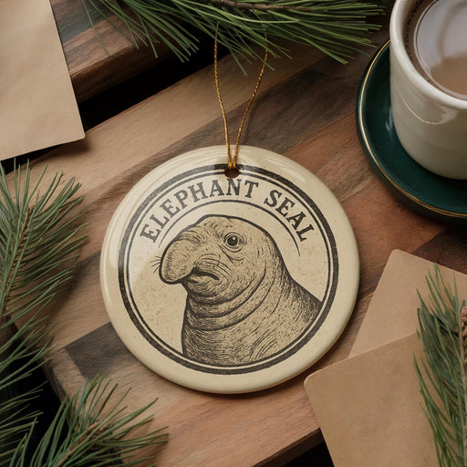 A decorative ornament featuring an elephant seal is displayed on a wooden surface, surrounded by pine branches and a cup of coffee.