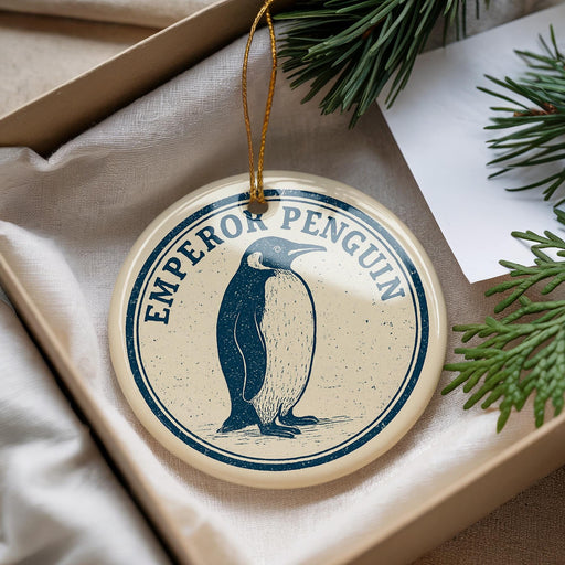 A decorative ornament featuring a penguin is displayed in a box, surrounded by pine branches.