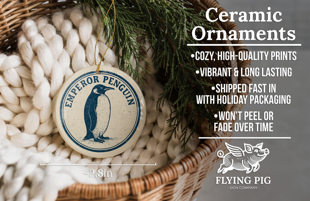 Ceramic ornaments, featuring a penguin design, are displayed in a woven basket.
