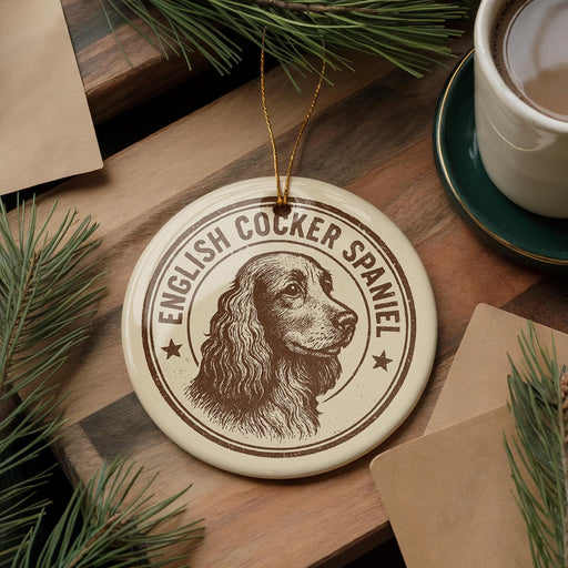 A circular ornament featuring an illustration of an English cocker spaniel dog, with the text "ENGLISH COCKER SPANIEL" around the edge. The ornament is placed on a wooden surface, with pine branches and a cup of coffee nearby.