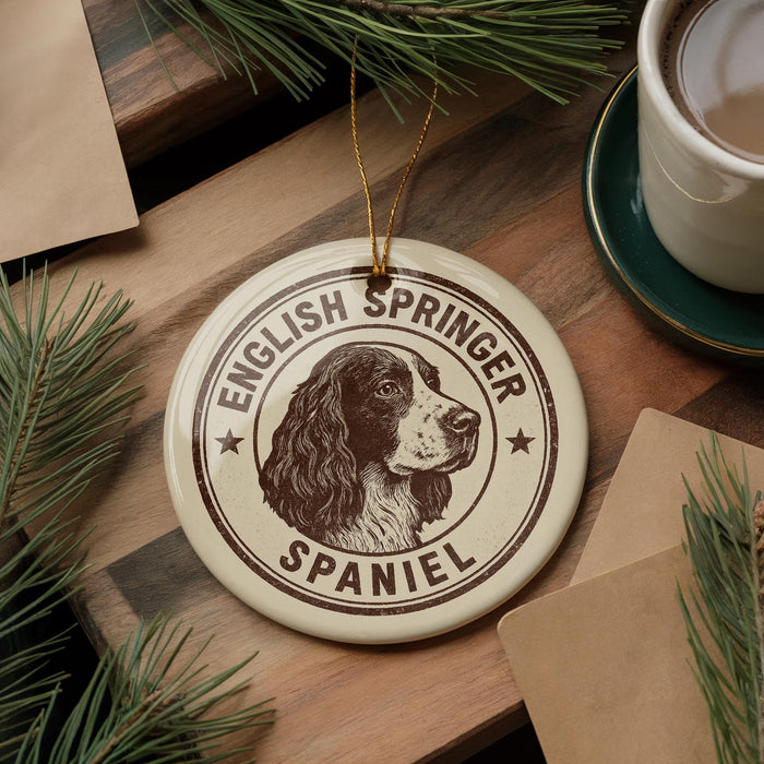 A round ornament featuring a spaniel dog's head, with the text "English Springer Spaniel" printed on it, is displayed on a wooden surface alongside a cup of coffee and some pine branches.