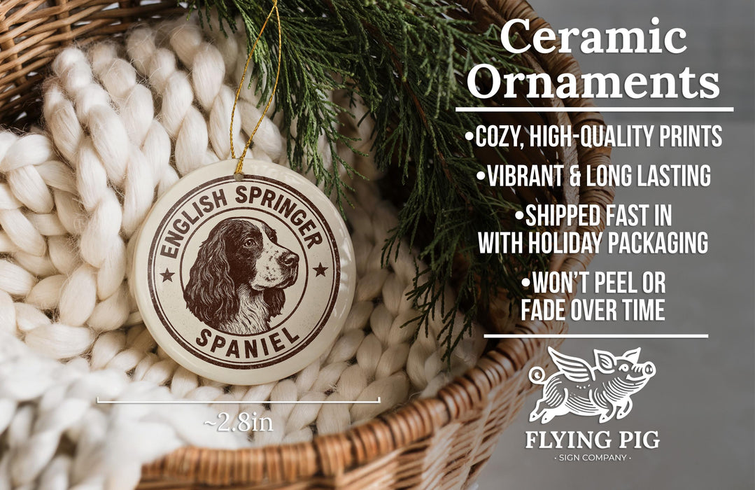 Ceramic ornaments featuring a dog's head, specifically an English Springer Spaniel, are displayed in a woven basket.