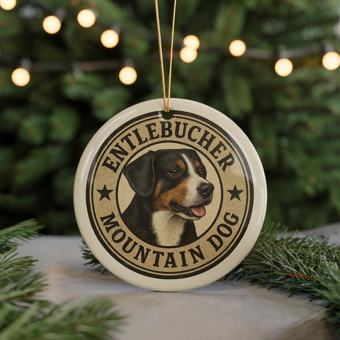 A round ornament featuring a dog's head and the text "Entlebucher Mountain Dog" is displayed in front of a Christmas tree with twinkling lights.