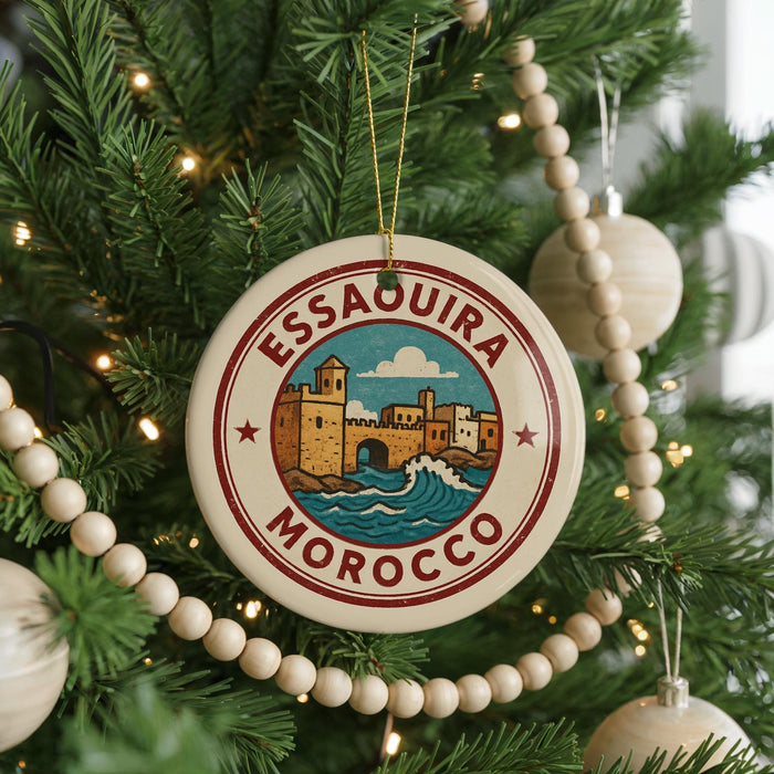 A circular ornament on a Christmas tree, featuring a graphic of a cityscape with a castle and a castle surrounded by water.