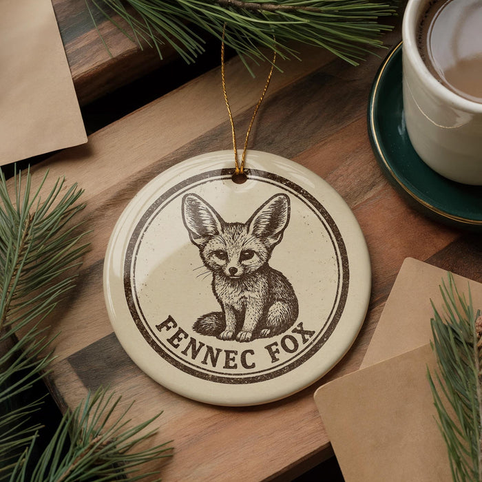 A ceramic ornament featuring a fennec fox, a small desert-adapted rodent, is displayed on a wooden surface alongside a cup of coffee and some pine branches.