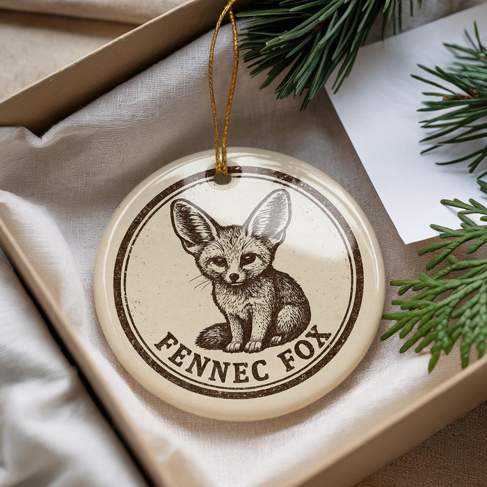 A round ornament featuring a fennec fox, a small desert-adapted mammal, is displayed in a box with pine branches.