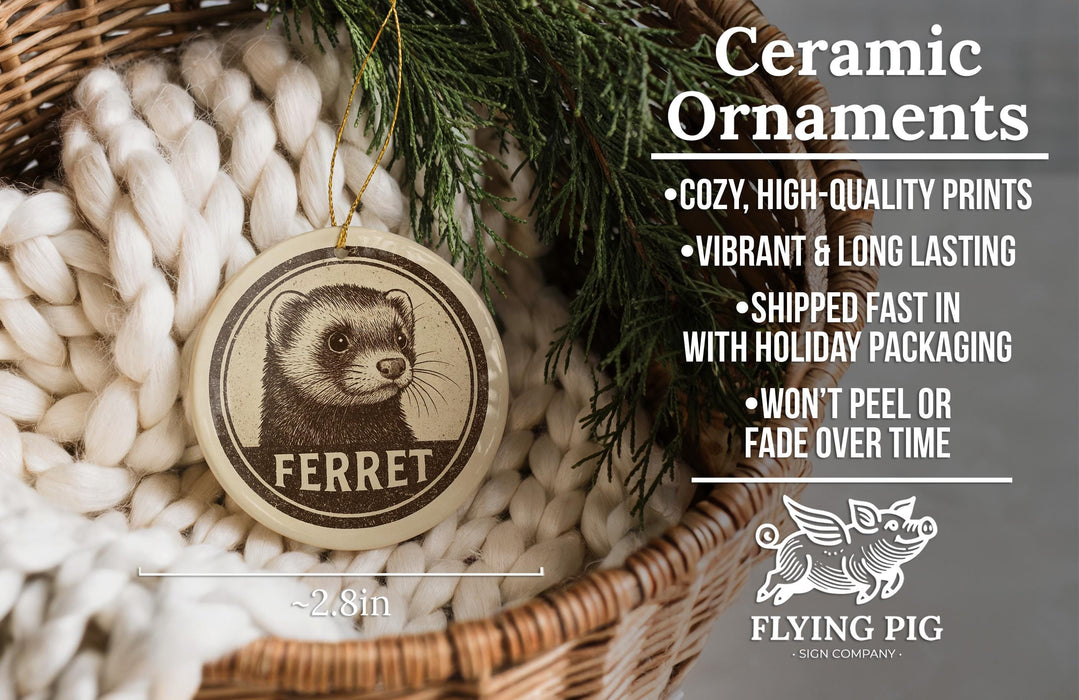 Ceramic ornaments featuring a ferret image, with a wicker basket and greenery in the background.