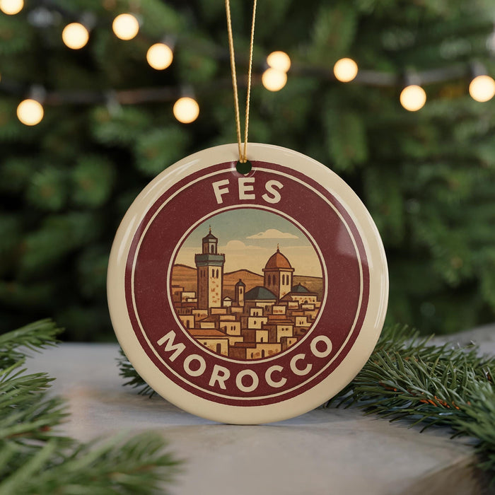 A round ornament with a picture of a city and the text "FES MOROCCO" is displayed on a Christmas tree.